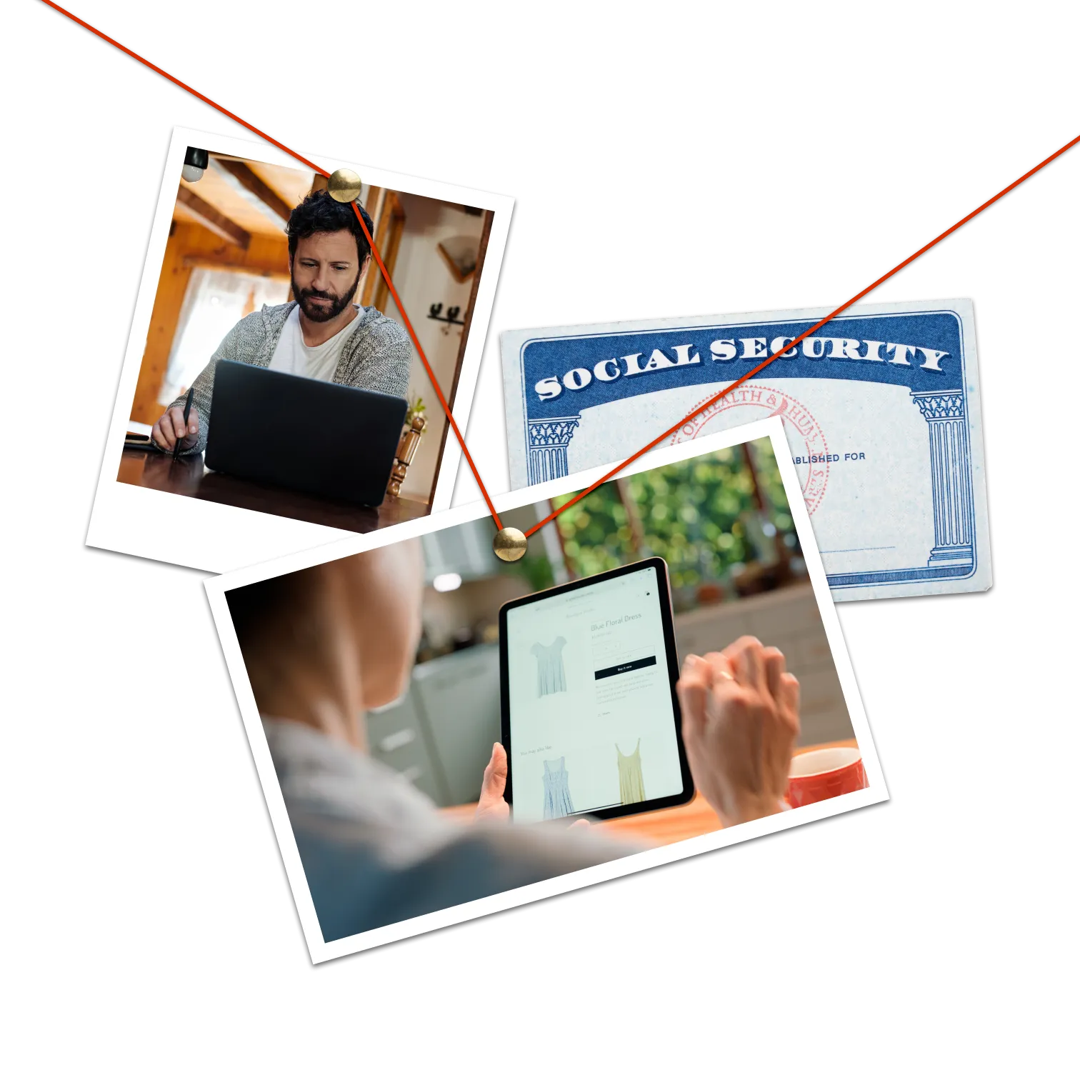 Collage of photos of people using devices and a social security card